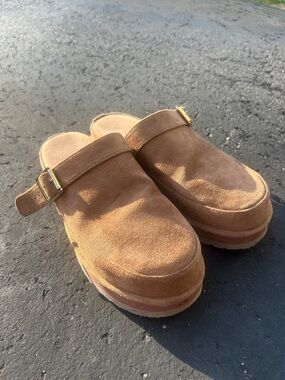 Suede Slip-On Clog Mules in Camel with Gold Buckle